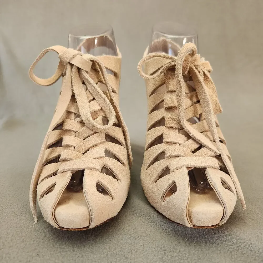 LOEFFLER RANDALL Vivian Lace Up Wedge Sandal  Size 7.5B Natural Tan‎ Slingback - Picture 6 of 15